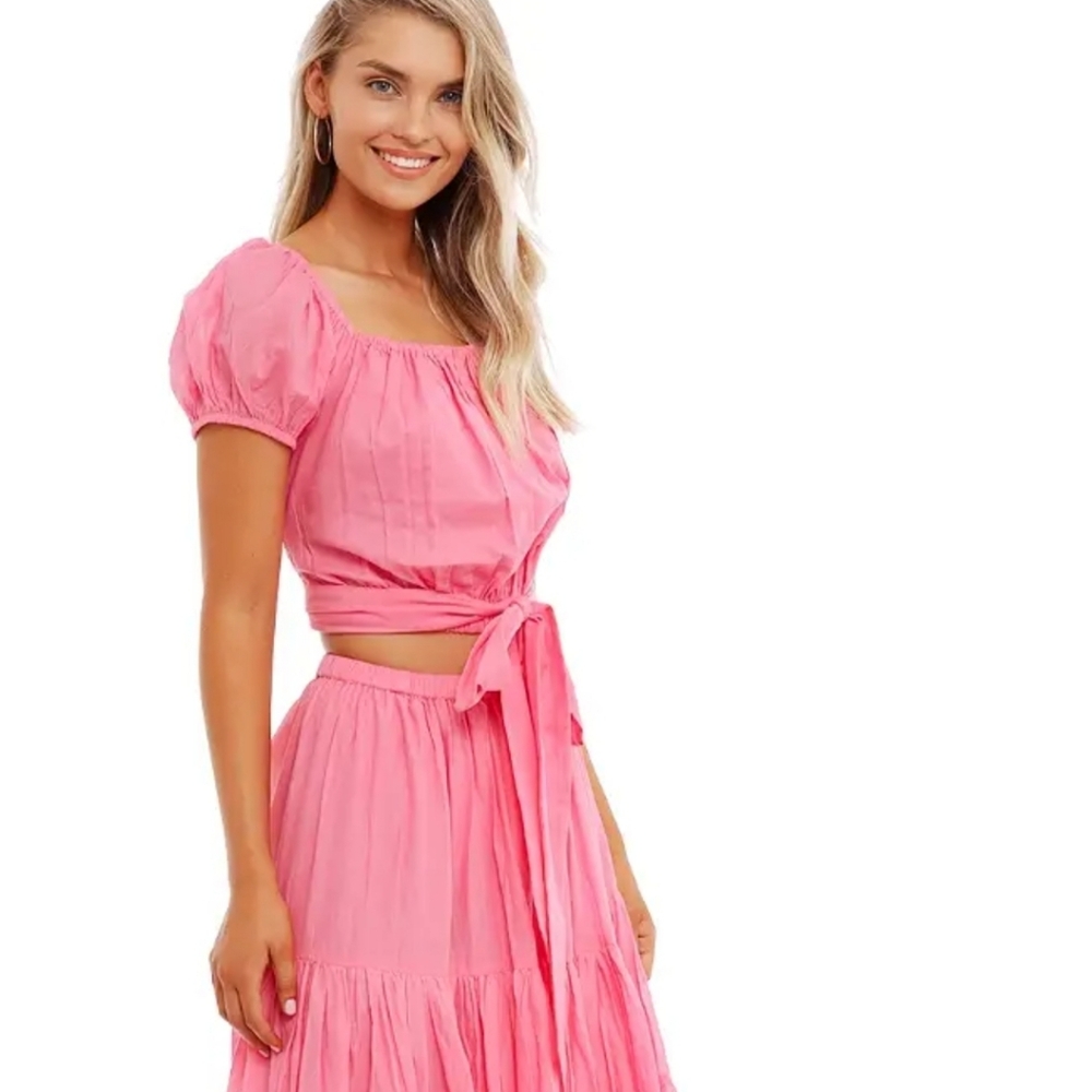 Spell Azalea Set Tiered Cotton Midi Skirt with Tie Waist Top